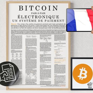 Puede incluir: Un póster que explica Bitcoin, un sistema de pago electrónico de igual a igual. El póster está en francés e incluye un diagrama del sistema y una descripción de cómo funciona. El póster también incluye un logotipo de Bitcoin.
