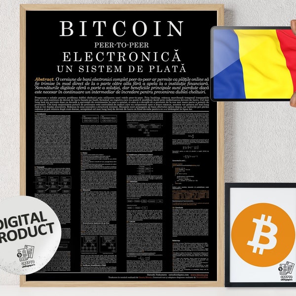 Bitcoin Whitepaper Romanian Black | Digital Download Print | Bitcoin Printable Art | Bitcoin Wall Decor | Crypto Wall Art | Digital Print