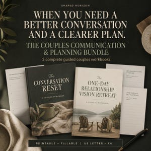 May include: A couples communication and planning bundle featuring two workbooks titled The Conversation Reset and The One-Day Relationship Vision Retreat. The set includes printable and fillable pages in US Letter and A4 sizes for couples.