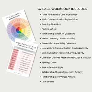 May include: A 32-page workbook titled "Rules for Effective Communication" with a pink and white color scheme. The workbook includes a feeling wheel, communication styles guide, and activities for relationship building.