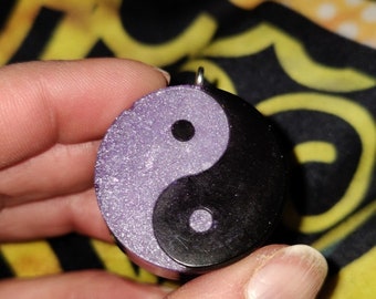 Reversible Purple and black shungite Yin yang Orgonite Pendant with silver hook