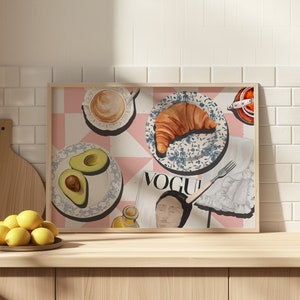 Horizontal Coffee Kitchen Wall Art, Brunch Print, Coffee Espresso Wall Art, Bar Cart Decor, Mid-Century Modern Kitchen Print Croissant Print