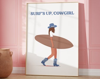 Surfs Up Cowgirl Print, Coastal Cowgirl Art Print, Howdy Cowgirl Print, Girly Wall Art, Blue Cowgirl Print, Trendy Western Wall Art