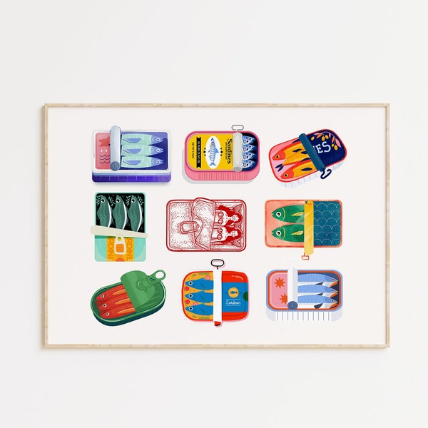 Horizontal Sardine Set Print, Kitchen Wall Art, Sardines Tin Print, Dining Room Decor, Retro Food Art, Retro Kitchen Decor, Anchovy Print