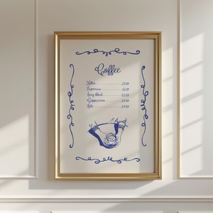 Impressão de menu de café azul, impressão de cozinha italiana, impressão de café retrô, decoração de cozinha neutra, impressão de amante de café, impressão de café minimalista