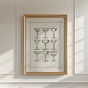 Cocktail Glasses Poster, Colorful Kitchen Wall Art, Coffee Bar Decor, Mid-Century Modern Kitchen Print, Vintage Bar Cart Decor