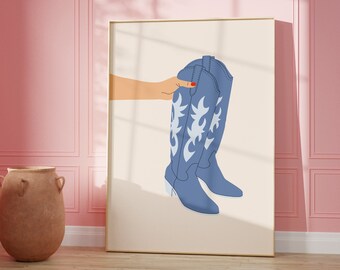 Impressão artística de botas de cowgirl azuis: decoração western moderna (download digital)