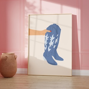 Cowgirl Boots Art Print, Preppy Western Wall Poster, Cowgirl Trendy Wall Art, Western Bedroom Decor, Rodeo Cowgirl Print, Blue Western Print