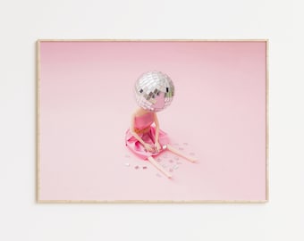 Sad Doll Poster, Doll Disco Ball, Girly Wall Art, Preppy Poster, Y2K Aesthetic Print, Altered Art, Pink Aesthetics, Dorm Room Wall Decor