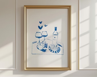 Blue Kitchen Print: Wine, Food, and Cheers Wall Art (Digital Download)