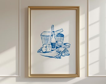 Blue Picnic Print: Minimalist Kitchen Wall Art (Digital Download)