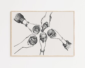 May include: Black and white line drawing of four hands holding glasses and a bottle of wine, as if toasting.