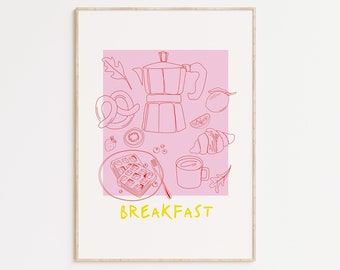 Retro Breakfast Print: Italian Coffee, Pink Kitchen Decor (Digital Download)
