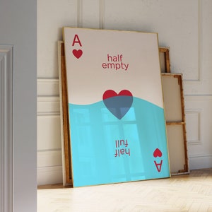 Half Empty Half Full Print, Red Ace of Hearts Print, Playing Card Poster, Retro Cards Poster, Trendy Wall Art, Dorm Room Decor, Preppy Print