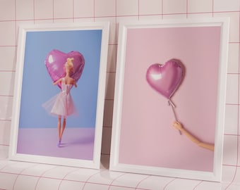 Doll and Heart Balloon Poster Set, Pink Girly Aesthetic (Digital Download)