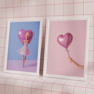 Set of 2 Doll Poster, Heart Balloon Print, Girly Wall Art, Preppy Poster, Altered Art, Pink Aesthetic Print, Dorm Room Wall Decor