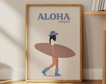 Blue Coastal Cowgirl Art Print: Aloha Surf Girl Poster (Digital Download)