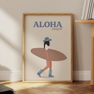 Blue Coastal Cowgirl Art Print, Aloha Cowgirl Print, Girly Wall Art, Coastal Cowgirl Poster, Blue Cowgirl Print, Blue Surf Girl Poster