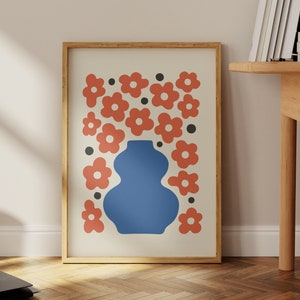 Retro Colorful Flower Print, Funky Wavy Flower Prints, Digital Wall Art, Blue and Orange Retro Flower Poster, Minimalist Bouquet of Flowers