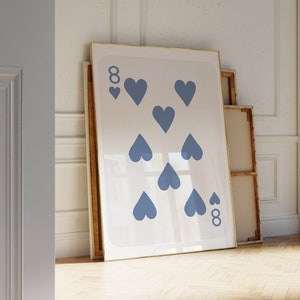 Stampa blu otto di cuori, stampa di carte retrò, stampa di carte da gioco, stampa sensazione di fortuna, arte da parete preppy, stampe da parete per ragazze, arte da parete alla moda