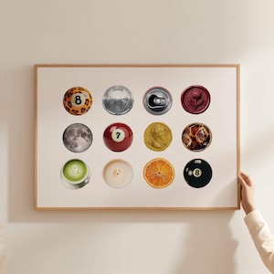 Retro Ästhetik Collage Poster, Leopard 8 Ball Print, Vintage Kreise Collage Print, Funky Disco Wanddruck, Horizontale Collage im Studentenwohnheim