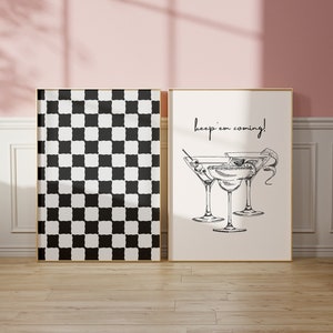 Set of 2 Black & Grey Cocktail Print, Keep Em Coming Print, Checkered Print, Retro Alcohol Print, Bar Cart Wall Art, Funky Alcohol Print