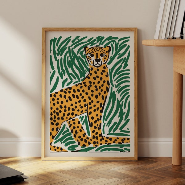 Green Tiger Art Print, Leopard Poster Print, Cheetah Wall Art, Preppy Prints, Trendy Animal Art Print, Maximalist Decor, Colorful Wall Art