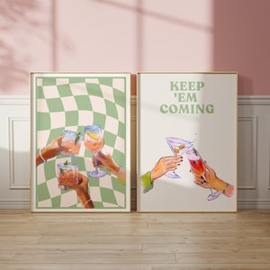 Set of 2 Sage Cocktail Print, Keep Em Coming Print, Sage Checkered Print, Retro Alcohol Print, Sage Bar Cart Wall Art, Funky Alcohol Print
