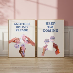 Set of 2 Cocktail Print, Keep Em Coming Print, Checkered Print, Retro Alcohol Print, Blue Bar Cart Wall Art, Funky Alcohol Print