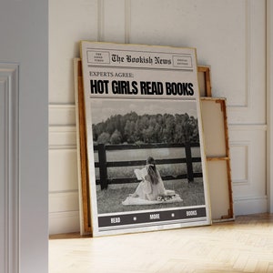 Gorące dziewczyny czytają książki, drukuj, gazety, miłośnicy książek, sztuka ścienna, gazeta retro, druk wiadomości, czarno-biała, estetyczna, modna sztuka ścienna
