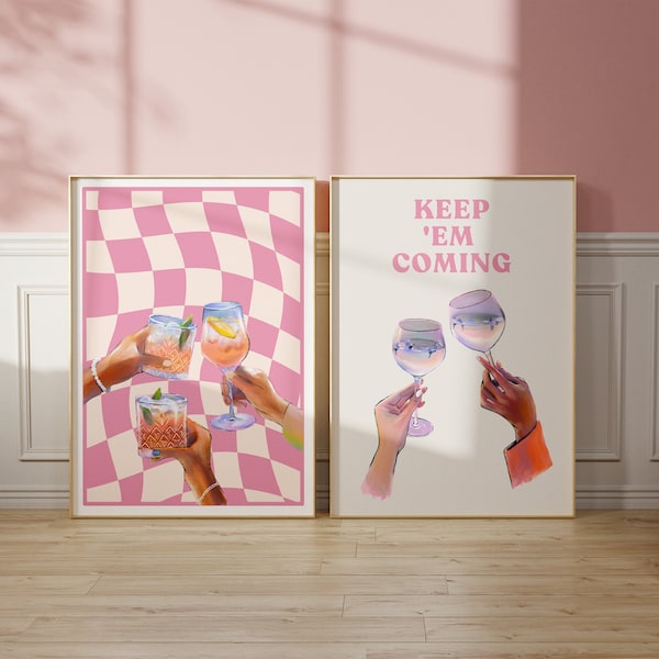 Set of 2 Cocktail Print, Keep Em Coming Print, Checkered Print, Retro Alcohol Print, Pink Bar Cart Wall Art, Bar Cart Prints, Cocktail Art