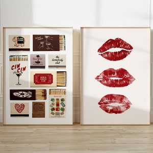 Zestaw 2 nadruków Vintage Matchbox, nadruk Retro Matchbox, nadruk Lipstick Kiss, estetyczny duet nadruków do pokoju w akademiku, modny zestaw 2 nadruków cyfrowych