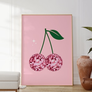 Kirsche Disco Ball Print, Funky Art Print, Discokugel Kirschen Print, Trendy Wandkunst, Preppy Wand-Dekor, Rosa Poster, Cherry Wandposter