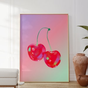 Cherry Poster, Aesthetic Apartment Decor, Trendy Cherry Print, Dorm Room Poster, Girly Wall Print, Funky Wall Art, Cool Girl Print