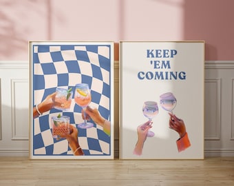 Set of 2 Cocktail Print, Keep Em Coming Print, Checkered Print, Retro Alcohol Print, Blue Bar Cart Wall Art, Funky Alcohol Print