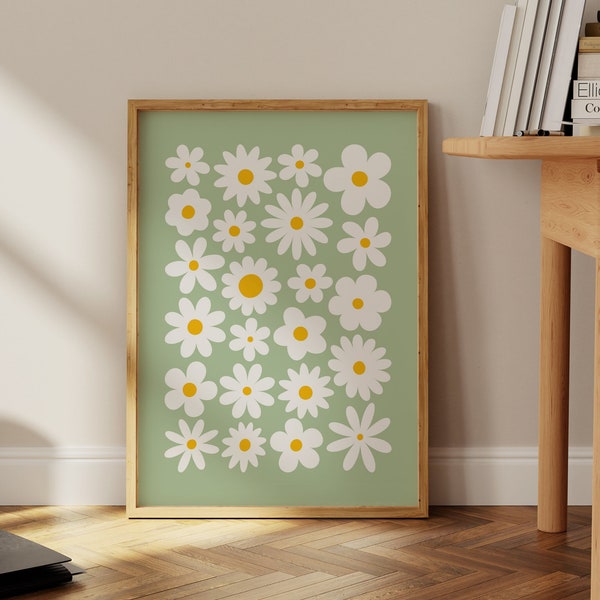 Retro Colorful Flower Print, Sage Daisy Print, Funky Wavy Flower Prints, Sage Green Retro Flower Poster, Minimalist Girly Wall Art Print