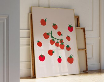 May include: A framed print of a white background with red and green tomatoes. The tomatoes are arranged in a cluster and appear to be falling from a vine.