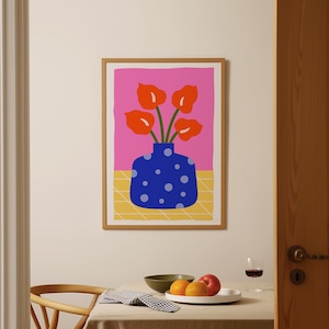 Retro Colorful Flower Print, Funky Wavy Flower Prints, Preppy Wall Art, Pink and Blue Retro Flower Poster, Maximalist Girly Wall Art Print