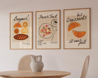 Set van 3 ontbijtprint, trendy keukenmuurkunst, keukendecor, keukenmuurkunst, trendy muurkunst, Frans gebak ontbijt print