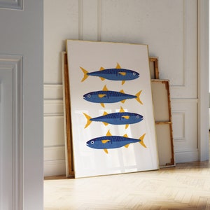 Retro Fish Print, Kitchen Wall Art, Sardines, Blue Kitchen Art, Dining Room Decor, Retro Food Art, Retro Kitchen Decor, Trendy Kitchen Decor