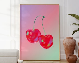 May include: Two red cherries with green stems on a pink and purple gradient background. The cherries are glossy and have a slight shine.