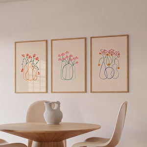 Set of 3 Line Flower Prints, Bohemian Floral Print, Retro Flower Duo Poster, Minimalist Set of 3 Prints, Pastel Danish Gallery Wall Art
