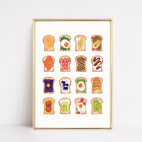 Toast Breakfast Print, Avocado Toast Decor, Trendy Kitchen Wall Art, Kitchen Decor, Foodie Art Print, Minimalist Food Ingredient Print