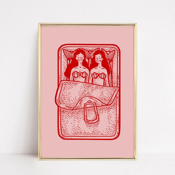 Mermaids Sardine Print, Kitchen Wall Art, Sardines Tin Print, Red and Pink Art, Dining Room Decor, Retro Food Art, Retro Kitchen Decor