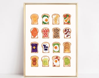 Toast Frühstück Druck, Avocado Toast Dekor, trendige Küchen Wandkunst, Küchendekoration, Foodie Kunstdruck, minimalistischer Lebensmittelzutatendruck