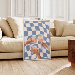 Blue Checkered Cocktail Print, Keep Em Coming Print, Checkered Print, Retro Alcohol Print, Blue Bar Cart Wall Art, Funky Alcohol Print
