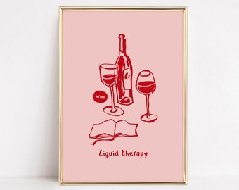 Red and Pink Cocktail Print, Hand Drawn Alcohol Print, Drink Wall Print, Cocktail Poster, Bar Cart Prints, Minimalist Kitchen Wall Decor