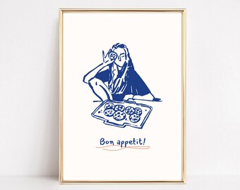 Bon Appetit Print: Ręcznie rysowana sztuka ścienna do kuchni (pobranie cyfrowe)