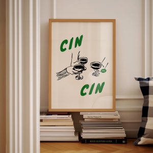 Groene cin-cin alcohol print, bar afdrukbare kunst, handgetekende cocktail print, retro keuken decor, retro bar kar wordt afgedrukt, cheers cocktail kunst