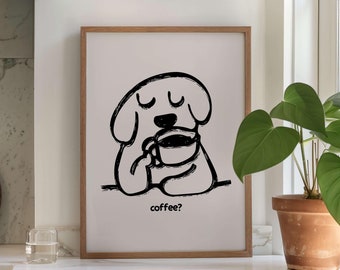 Lámina de cocina con diseño de perro y café: Decoración neutra (Descarga digital)